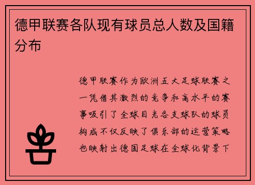 德甲联赛各队现有球员总人数及国籍分布