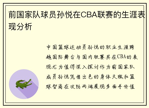 前国家队球员孙悦在CBA联赛的生涯表现分析