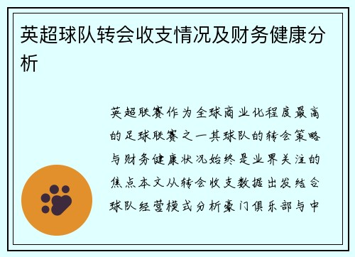 英超球队转会收支情况及财务健康分析