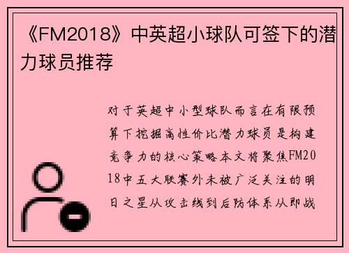 《FM2018》中英超小球队可签下的潜力球员推荐